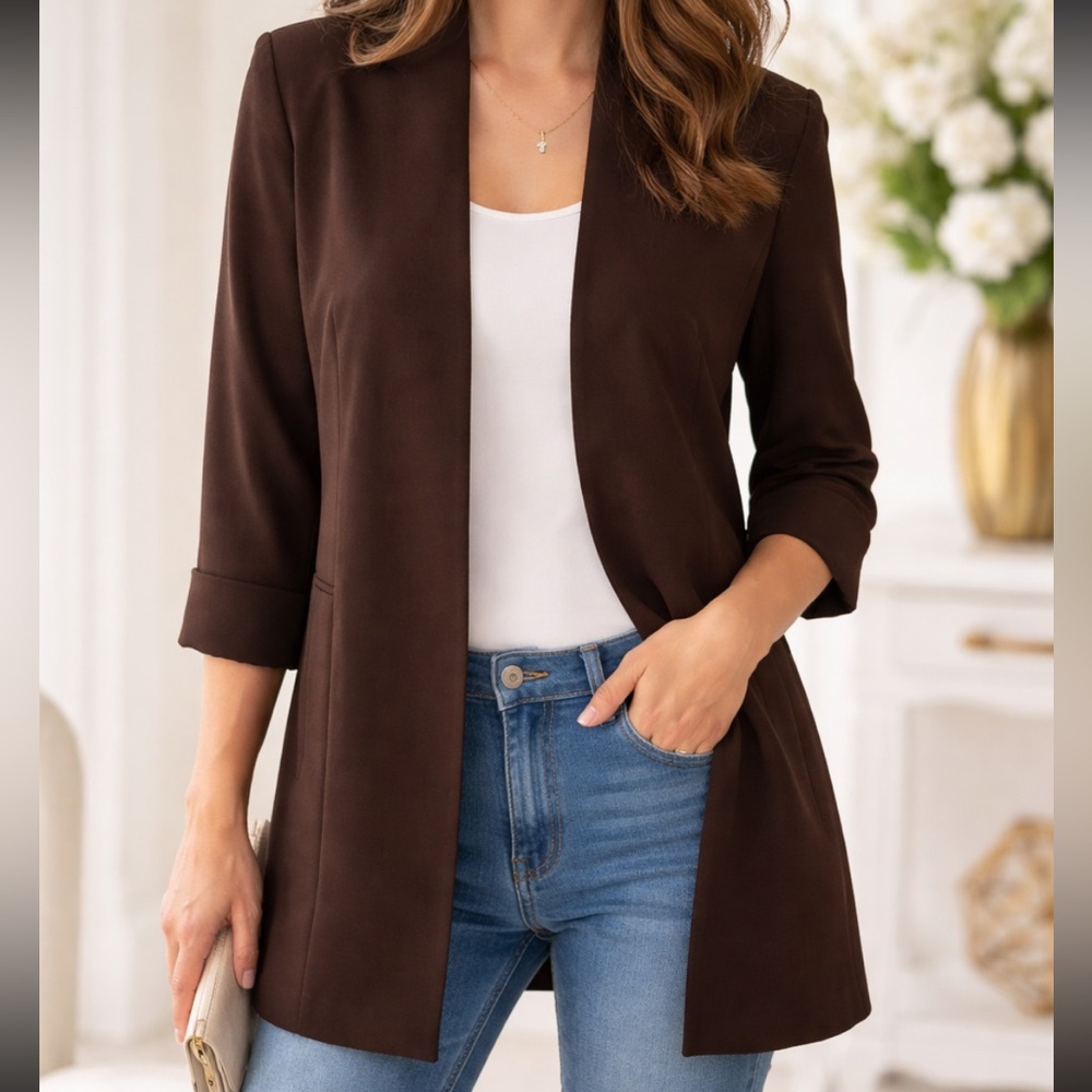 NWTAnne Klein Chocolate Brown Open-Front Blazer Jacket with pockets small